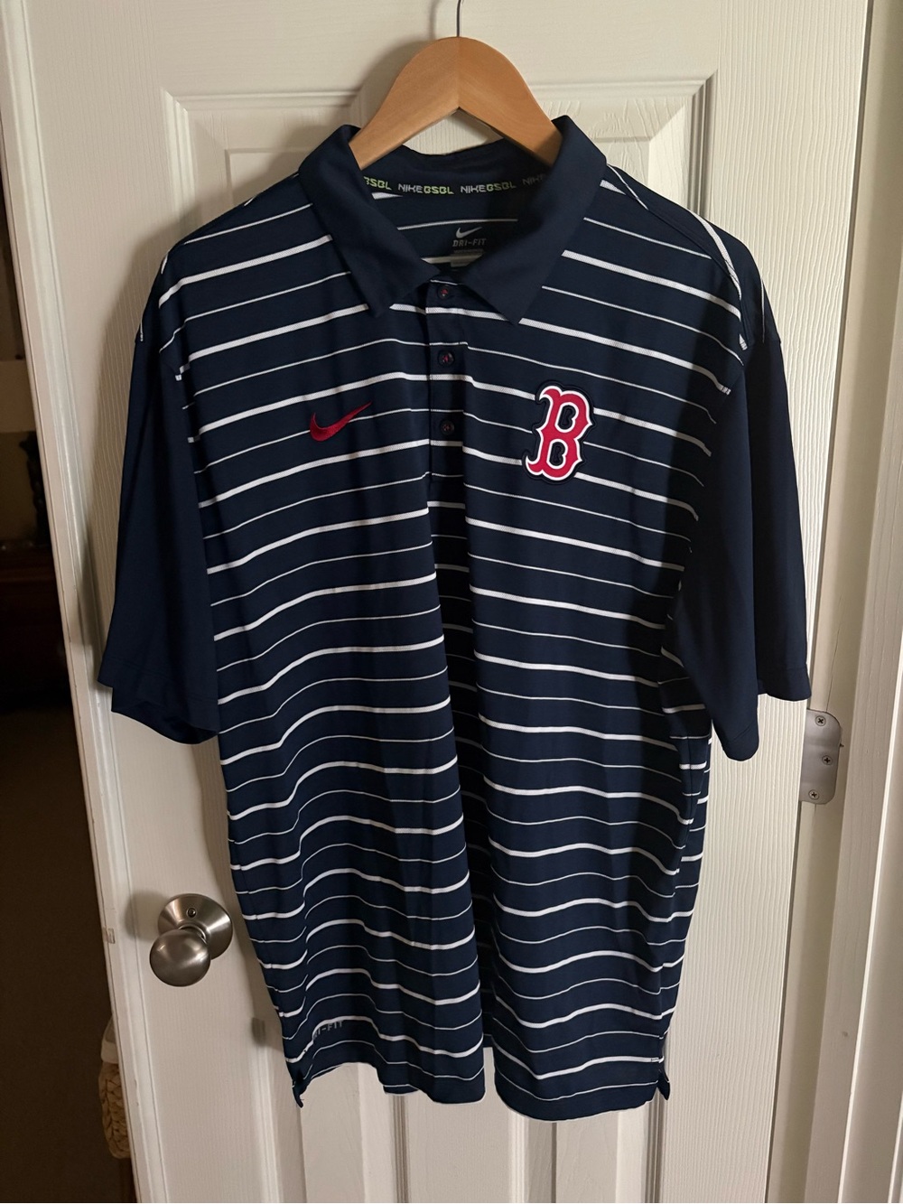 Nike Men’s Navy and White Striped Polo with Red Boston Red Sox logo